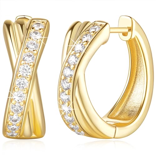 14K Gold Hoop Earrings 14K Gold Earrings for Women Thick Small Diamond Hoop Earring X-shaped Hoops Earring for Women 17MM