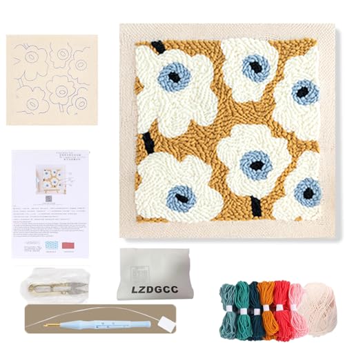 Image of Embroidery Punch Needle Kit Frame, Punch Needle Kits Adults Beginner, Embroidery Starter Kit, Punch Needle Tool with 9.8x9.8 in Punch Needle Fabric with Pattern, Threader, Yarns, Pinch Needle (White)
