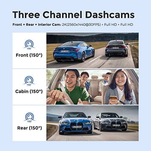 XRC TECH 3 Câmeras veicular Dash Cam Frontal 1440P Carro Interno/Traseiro 1080P Gravador de Vídeo Wi