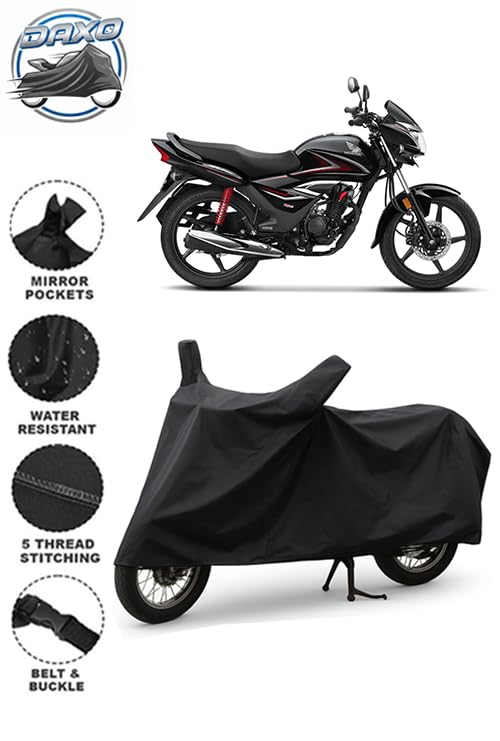 Image of Daxo Waterproof Bike Cover for Honda Shine | All Weather Protection from Rain, Dust, UV Rays & Scratches with Mirror Pockets & Buckle Belt | Shine Bike Cover