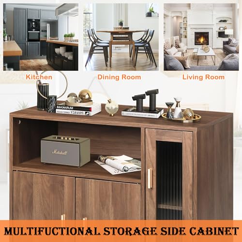 LAZZO Storage Cabinet Credenza Sideboard Buffet Cabinet with Glass Doors Free Standing Accent Entry Cabinet Coffee Bar Cabinet for Living Room, Hallway, Kitchen and Dining Room Brown