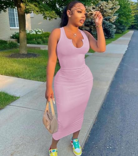 Image of Nimsruc Women Casual Sexy Deep U Neck Tank Top Bodycon Dress Summer Sleeveless Wrap Long Basic Party Club Maxi Dresses