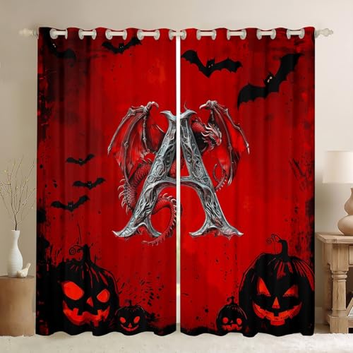 Gothic Dragon Blackout Curtains for Living Room | Halloween Bats Pumpkin Window Curtains 2 panel Sets 38