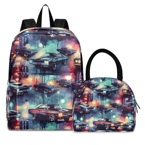 Backpacks for Boys Girls, Neon Muscle Cars Lightweight Backpack, Kids School Bag with Lunch Bag