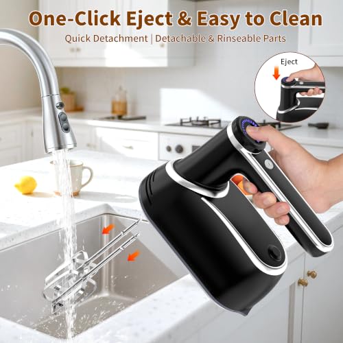 Image of binROC Cordless Electric Hand Mixer, 12-Speed Rechargeable Handheld Mixer with Eject Button, 6 Stainless Steel Attachments, Snap-On Storage Case, LED, Self-Stand for Baking, Cake, Dough, Egg (Black)