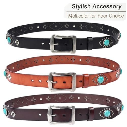 Western Belts for Women Men, Retro Cowboy Cowgirl Belts with with Turquoise and Rubine, Genuine Leather Punk Rock Belt4