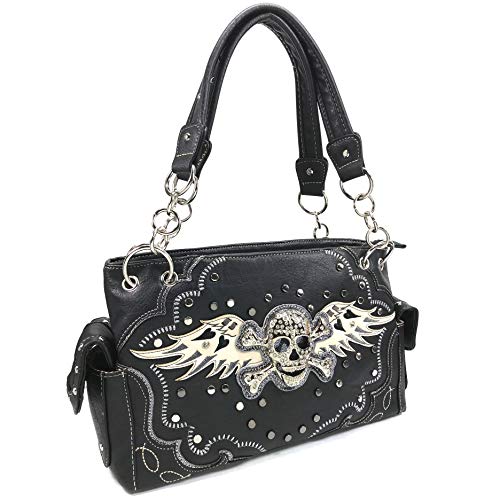 Justin West Women's Rhinestone Skull Crossbones with Angel Wings Shoulder Handbag2