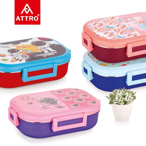 Image of Attro Food Time Deluxe Stainless Steel Lunch Box with 1 Small Container & Eyecatchy Prints Airtight & Spillproof - 750ml+250ml Bear Purple Pink