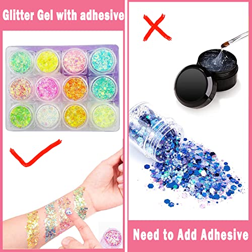 Glow In The Dark Face Body Glitter Gel, 12 Colors Glitter Makeup Chunky Face Glitter Uv Black Light Eyeshadow Glitter For Body/Face/Hair/Eyeshadow, Glitter For Carnival Party #TOP3