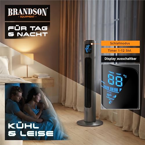 Brandson - Turmventilator mit Fernbedienung 96 cm - Preisträger 2026 - mobiler Lüfter leise - Standventilator mit Oszilation - 3 Geschwindigkeiten 3 Lüftungs-Modi Timer - Ventilator mit GS - Cool Grey 5