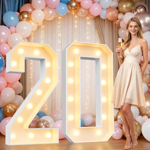 Image of Pooqla 4FT Marquee Numbers, Large Light Up Number 20th Birthday Party Decor | Warm White LED Marquee Light Up Numbers 4 Feet Tall, Party Decorations for 20th Birthday Anniversary Photo Backdrop