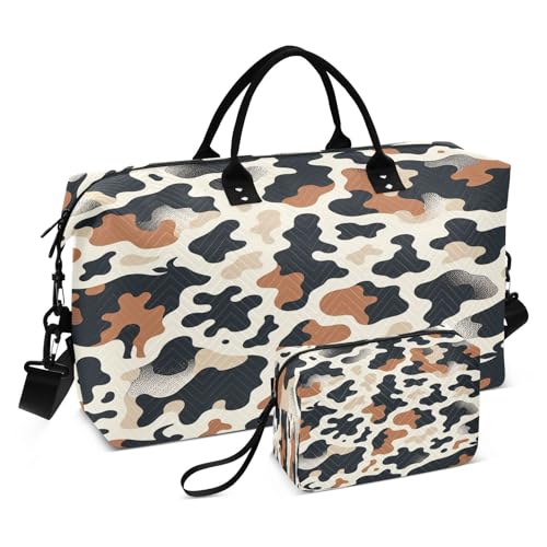 ​​Large Foldable Travel Duffel Bag, Waterproof Gym Bag for Men & Women, Carry-On Luggage Weekender Overnight Bag, Black Brown Cow Print