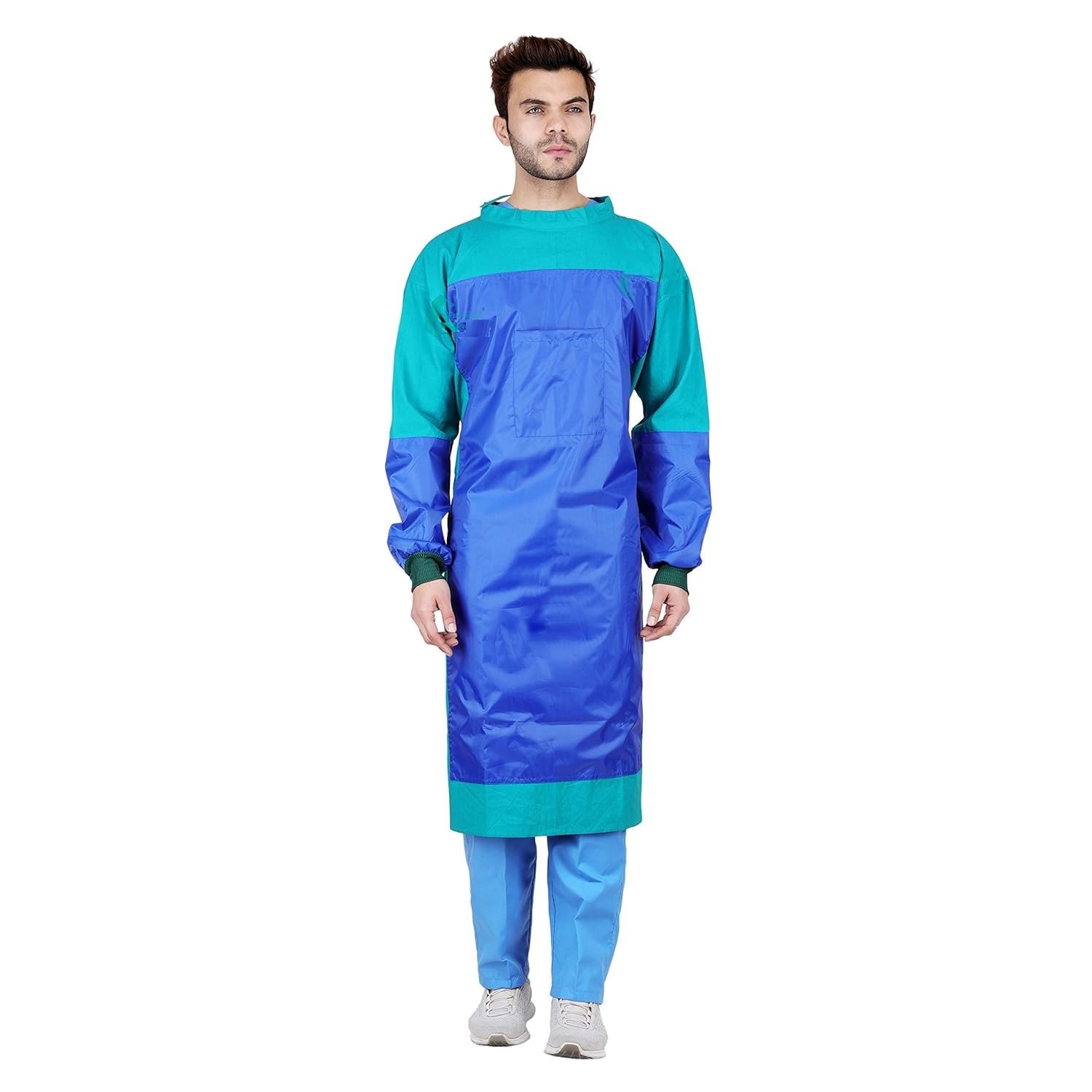 Cotton Reusable Surgeon Gown with Impervious Material and with Set of Face Mask and Cap | Green-5