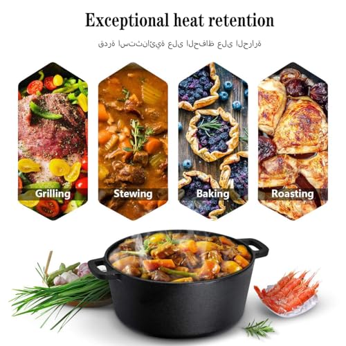 Dutch Oven Pot with Lid, Cast Iron Skillets, 2 in 1 Dutch Oven for Bread Baking, 5 Quart Double Dutch Oven, Grill, Stovetop, BBQ, Camping