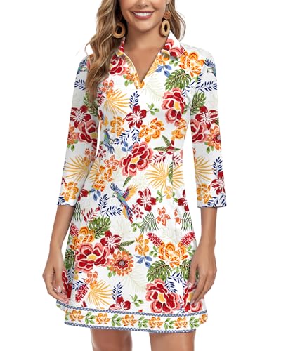 Image of WOWENY 3 /4 Sleeve Dress for Women with Pockets V Neck UPF 50+ Casual Sun Dress Breathable Quick Dry Beach Vacation