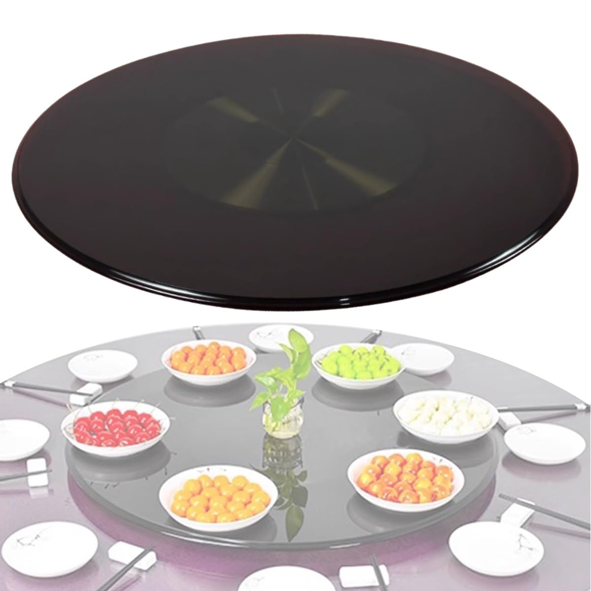 Plateau Tournant en Verre Trempé Noir 10mm, 70/80/85/90/100 Cm, Grand Plateau Rond Rotatif Plateau De Service De Table pour La Cuisine Et La Table À Manger, Plateau Tournant Silencieux(70cm/26Inch)