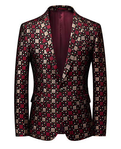 MOGU Mens Blazer Plaid Print Slim Fit Casual Sport Caots Jacket for Daily Prom Party US Size 44 Red