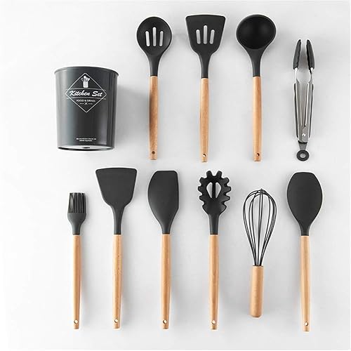 Miniatura 7 de Ulalaza Juego de utensilios de cocina de silicona, resistentes al calor, antiadherentes, con asas de madera, para restaurante comercial y hogar