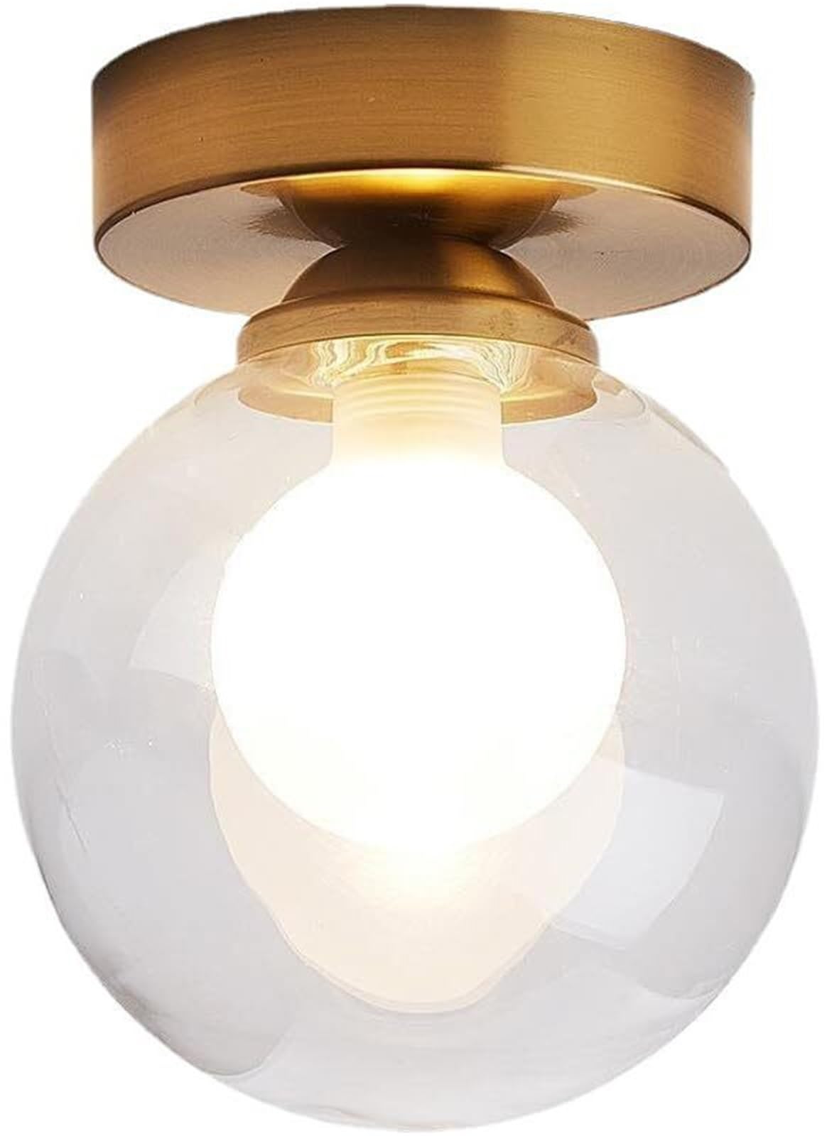 Khukhu Gold Vintage Hallway Ceiling Light Fixture, Small Mid Century Flush Mount, Clear Glass Milk Glass, Farmhouse Porch Ceiling Lamp For Bathroom Entryway Balcony Stairs(,Double Glass)