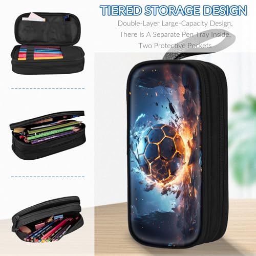 Image of TILYTADLY Large Pencil Case for Boys - Soccer Boys Pencil Pouch with Zipper Compartments - Big Capacity Pen Box Pen Bag Organizer with Keychain for Kids Teens School