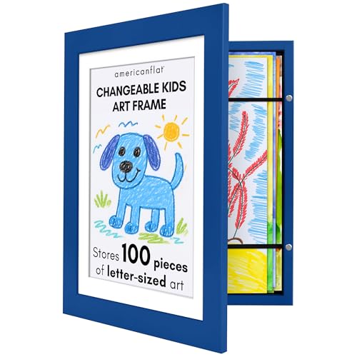 Image of Americanflat Kids Artwork Frame Changeable (Sapphire Blue) - Magnetic Door Holds 100 Art Pieces - 8.5x11 Letter Size Display with Mat or 10x12.5 Without Mat - My Mini Masterpiece