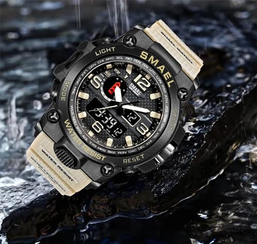 FANMIS Mens Analog Digital Sports Watch Large Face Outdoor Sports Waterproof Military Wrist Watches with Date Multifunction Tactics LED Army Stopwatch (Khaki)
