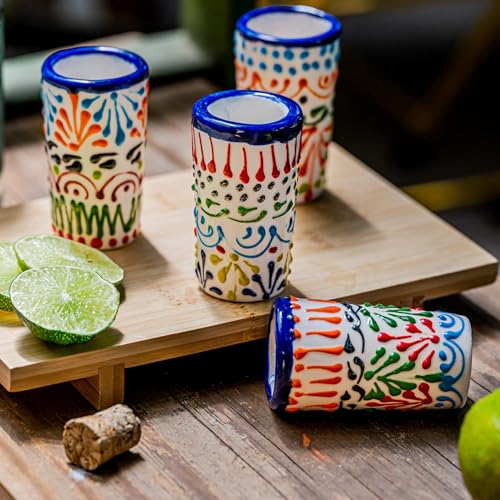 Image of Talavera Shot Glasses Set of 4 Authentic Mexican Tequila Shot Glasses - Hand-painted - 2 Oz (Colors Lace)
