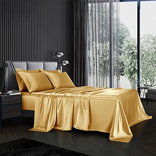 AiMay 4 Piece Queen Size Satin Bed Sheet Set Deep Pocket Solid Golden Color Luxury Silky Super Soft 1 Flat Sheet 1 Fitted Sheet 2 Envelope Style Pillowcases Reversible Honeymoon (Golden, Queen 4pc) by AiMay - Used condition - Image 2