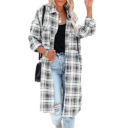 Chaqueta larga a cuadros con solapa y botones para mujer, de manga larga, con bolsillos (negro, S), Negro, S Cover