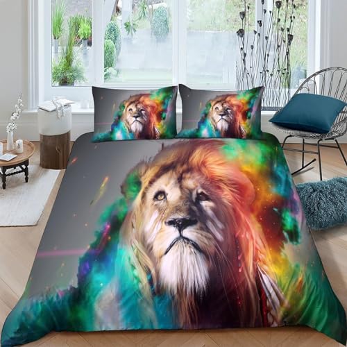 Housse de couette lion parure de lit 3 pièces microfibre king 220x240cm