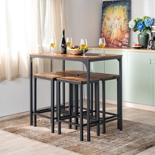 FurnitureR 5pcs Bar Sets, Bistro Bar Table Set + Stools, Breakfast Table with 4 High Stools, Steel...