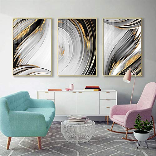 Toile abstraite pour habiller un grand mur vide salon moderne triptyque noir et or