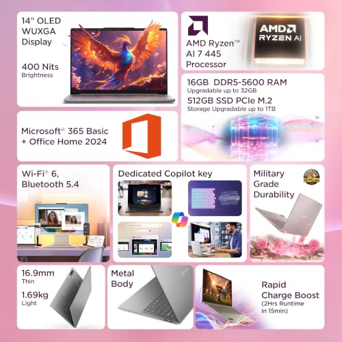 Image of Lenovo IdeaPad Slim 5 AMD Ryzen AI 7 445 (16GB RAM /512GB SSD /16 (40.6cm) /WUXGA OLED /Copilot+ PC /Windows 11 /MSO 365 Basic+Office 2024 /1Yr ADP Free /Grey /1.4Kg), 83S2005SIN AI Laptop