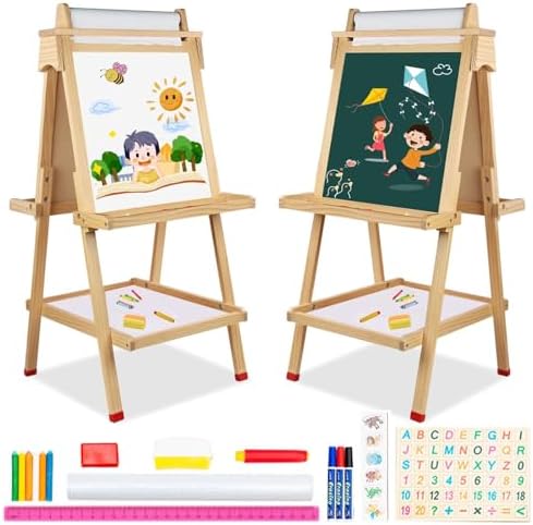 Kinder Staffelei Doppelseitig Mit Whiteboard & Kreidetafel | Höhenverstellbar 74-111cm | 360° Drehbar