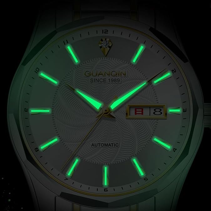 Men's Automatic Watch, Diamond Frame Mechanical Automatic Winding Luxury Business Watch, Sapphire Crystal Tungsten Dual Calendar Multifunctional Waterproof Watch for Men