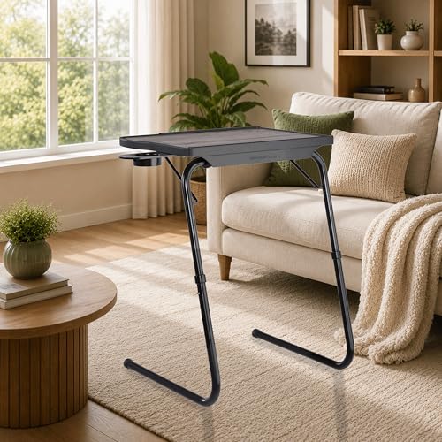 Image of amazon basics Pro Smart | Lounge Mate Smart | Height Adjustable Laptop Table | Adjustable Table Angle | Cupholder | Carbon Steel | Foldable | Dove White | 75 cm - H, 55 cm - L, 40 cm - W