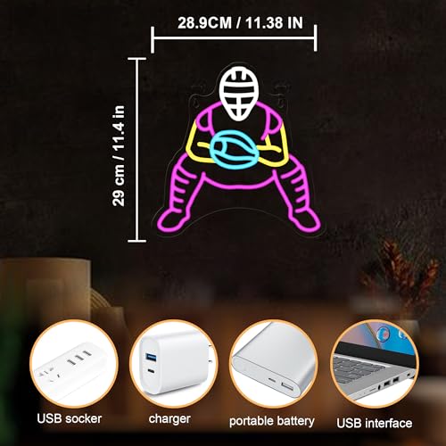 Image of CoolGift Mart Baseball Neon Sign, Catcher Dimmable LED Wall Decor Light USB Powered, Bedroom Gaming Room Man Cave Home Club Shop Decoration, Gift for Players Fans