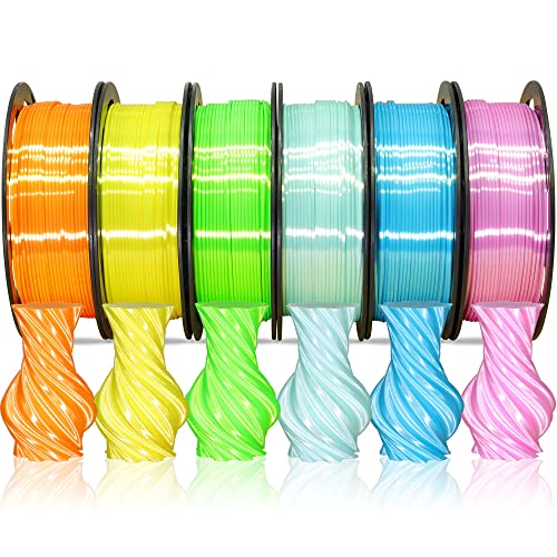 1.75mm Silk Shiny PLA Filament 6 in 1 Bright Colors Bundle Pack: Silk Yellow/Lime Green/Light Orange/Sky Blue/Pink/Cyan, Each Spool 250g, 6 Spools Packed, Total 1.5Kg 3D Printing Material MI