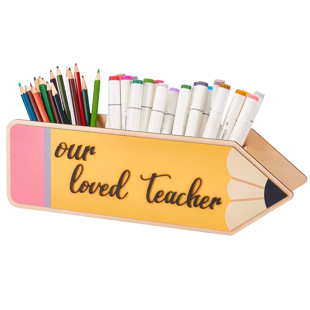 BENECREAT Regalo para agradecer a los profesores: organizador de escritorio de madera con forma de lápiz con 3 compartimentos, portalápices para escuela, oficina y casa, 35,5 x 7,8 x 11 cm
