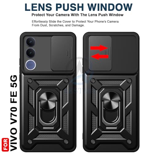 Image of AESTMO Tough Armor VIvo V70 FE 5G Bumper Back Case Cover | Ring Holder & Sliding Camera Shield Cover | 360 Degree Protection Back Case Cover for VIvo V70 FE 5G (Black)