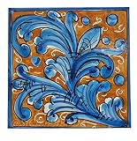 Sicilia Bedda - PIASTRELLA IN CERAMICA SICILIANA - Realizzata e Dipinta a Mano - 15 x 15 x 0.8 CM (Maiolica Blu Arancione)