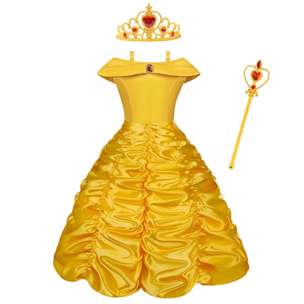Vicloon Belle Cosplay Costume, Principessa Belle Carnevali Costume Vestito da Ragazza con Principessa Corona, Principessa Bacchetta, Festa di Compleanno Natale Holloween Cosplay Party, 140CM