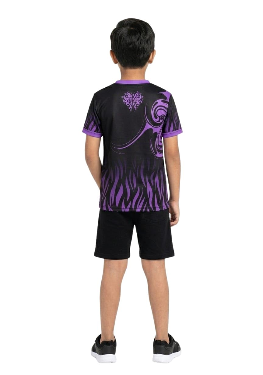Kids Sports T-Shirt and Shorts Set for Boys | Quick Dry Athletic Wear | Breathable Polyester Activewear Outfit for School PT, Running, Gym & Outdoor Games | Black & Purple | Age 4–15 Years (14-15 Y) 1