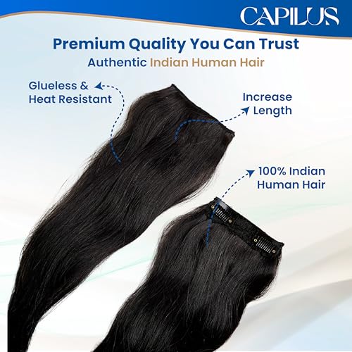 Image of Capilus Invisible Hair Patch (Natural Brown, 16 Inch 1 Pack) | 100% Indian Human Hair Extensions for Women & Girls | Natural-Looking Volumizer | Undetectable, Durable & Non-Damaging Clip Mechanism