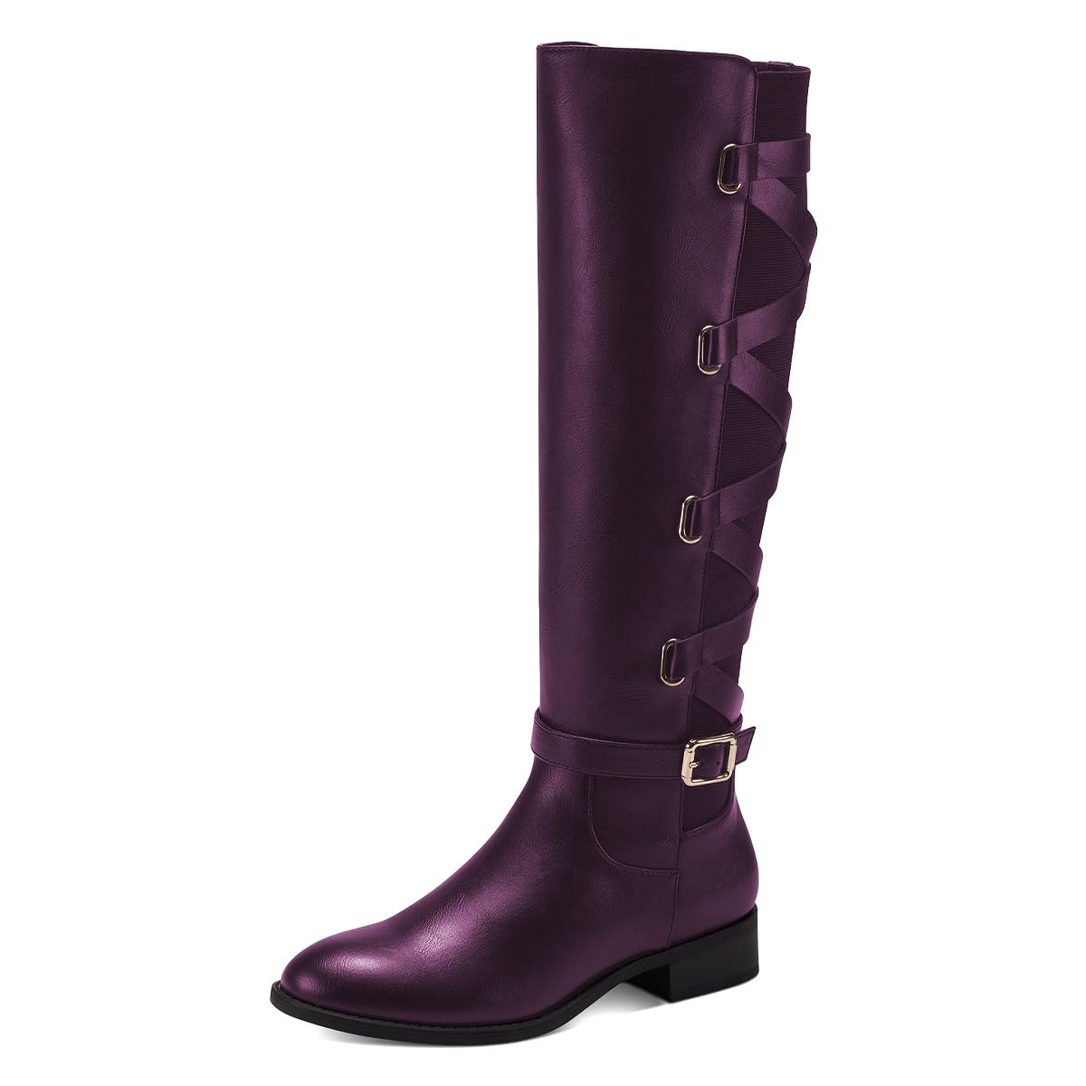 Pazzion Women Rounded Toe Low Thick Heel Knee High Boots Side Zip Crisscross Strappy Buckles Tall Booties Comfy
