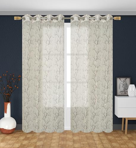 Image of littlelotus Tree Print Tissue Net Sheer Transparent Grommet Curtains for Long Door 9 feet Long Set of 2, Cream