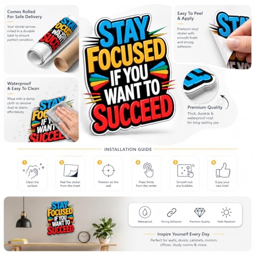 Image of Rangoli Motivational Quote Wall Sticker Self-Adhesive 16 x 20 Inch Waterproof Wall Decor for Living Room Bedroom Office Stay Focused Success Wall Decal