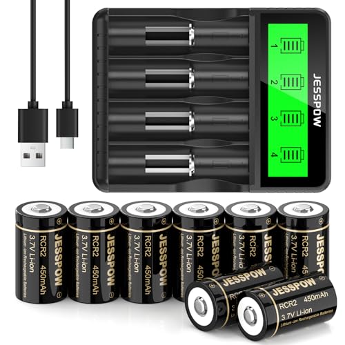CR2 Rechargeable Batteries and Charger 450mAh 3.7V CR2 Battery 8 Pack RCR2 Rechargeable Batteries for Golf rangefinder Telescope Electric Toys Smoke Alarm and More(Not for Arlo Camera C Battery)