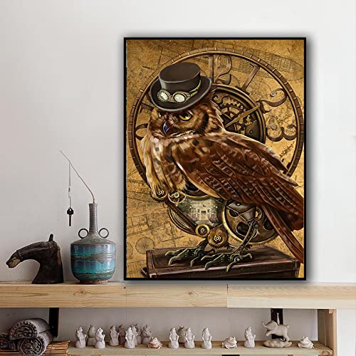 Affiche hibou horloge en toile de peinture sans cadre 60x80 cm pour la déco de salon