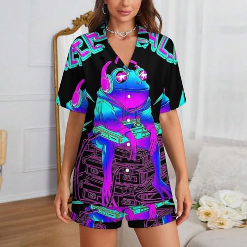 Women Girls Cotton Pajamas, Short Sleeve Top and Pants2